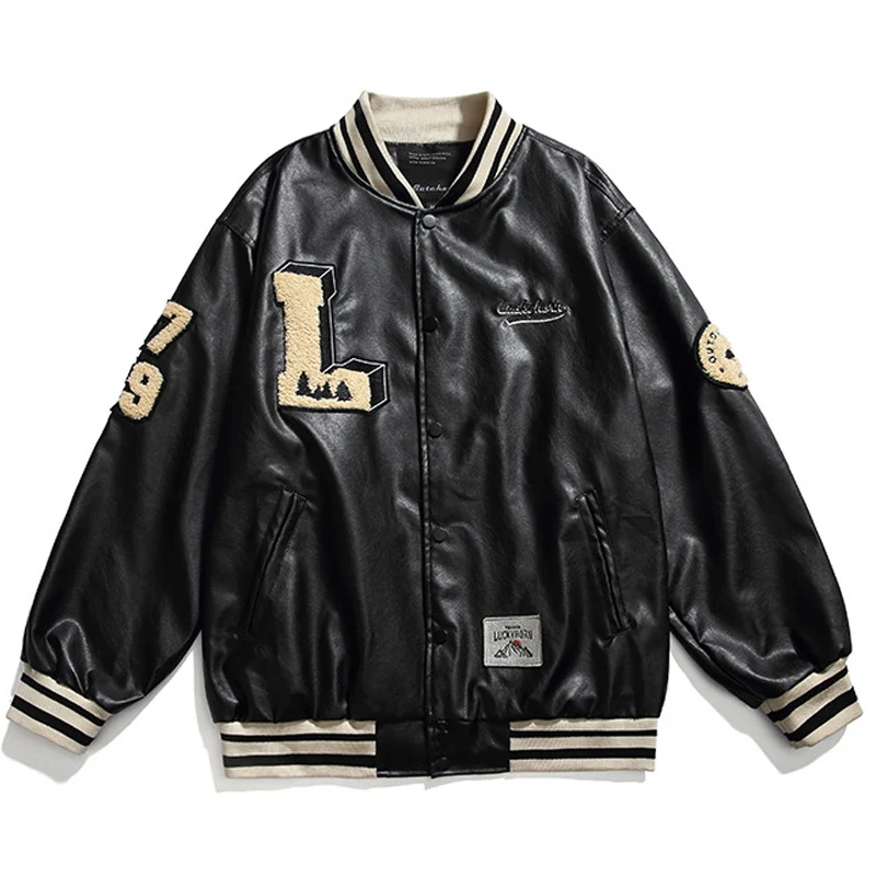 

Letter Patch Embroidery PU Leather Jacket Men Motorcycle Biker Fashion Leather Coats Male Bomber Jacket Pockets Clothes 2022