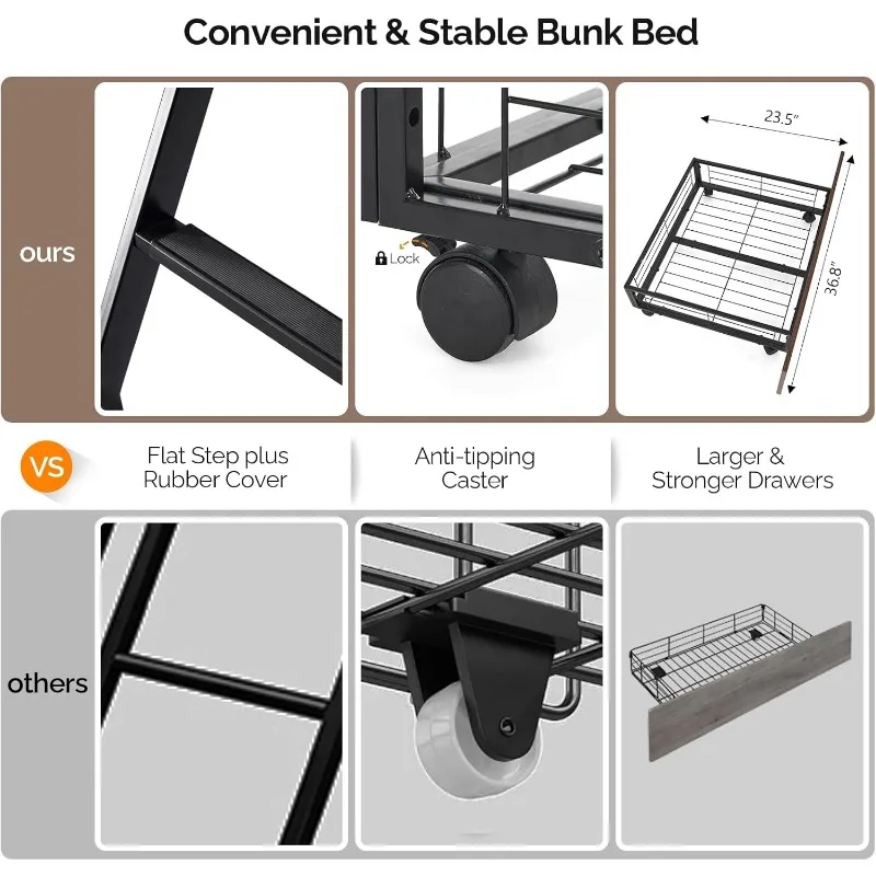 Double Bed, Full Size, 2 Storage Drawers/flat Steps/inclined Ladders, Heavy Duty Metal Plate Support, No Box Spring Required 6