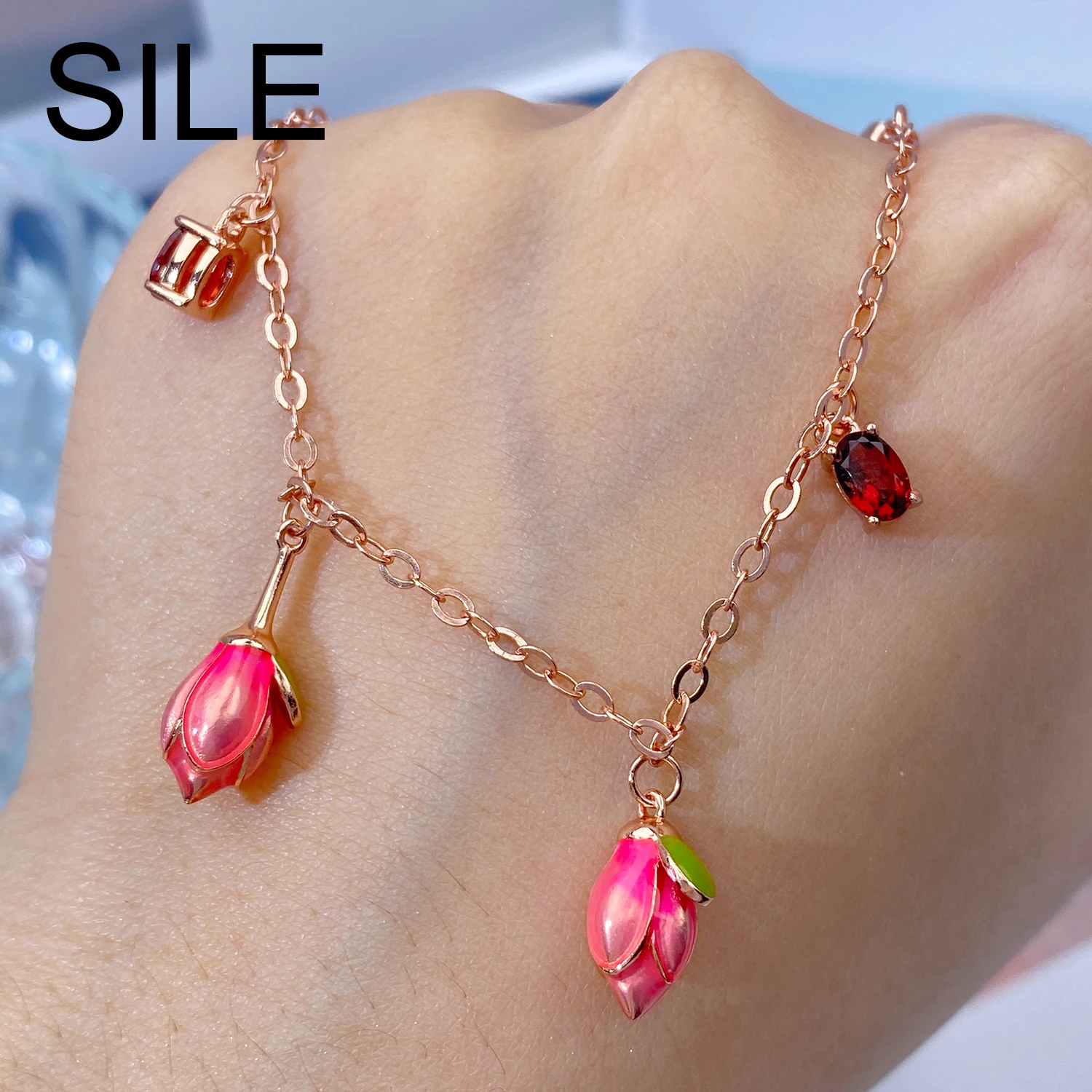 

SILE Fashion Tulip Flower Bracelets For Women Girls Natural Gemstones Inlay 925 Sterling Silver Hands Chains Luxury Bangle Gifts