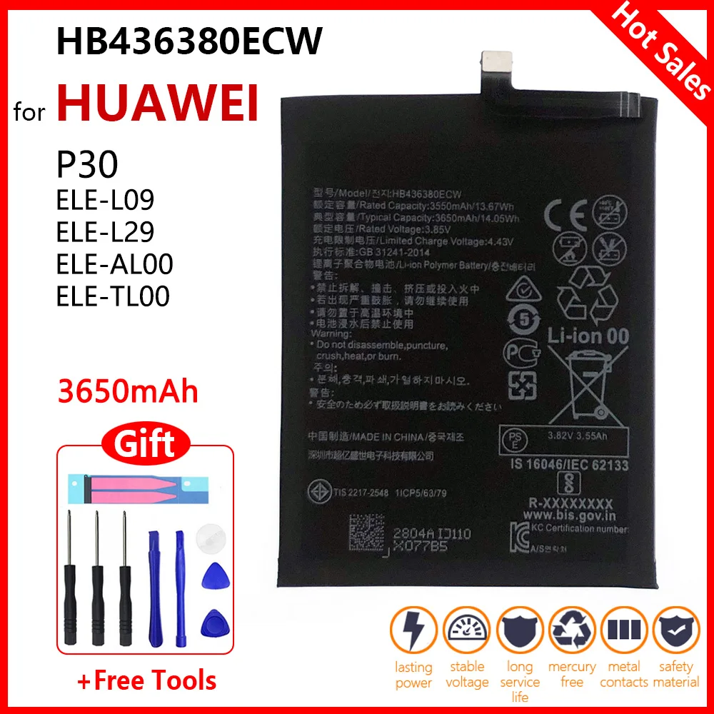 

Original HB436380ECW Phone Battery For Huawei P30 ELE-L09 ELE-L29 ELE-AL00 ELE-TL00 3650mAh Replacement Batteries Bateria