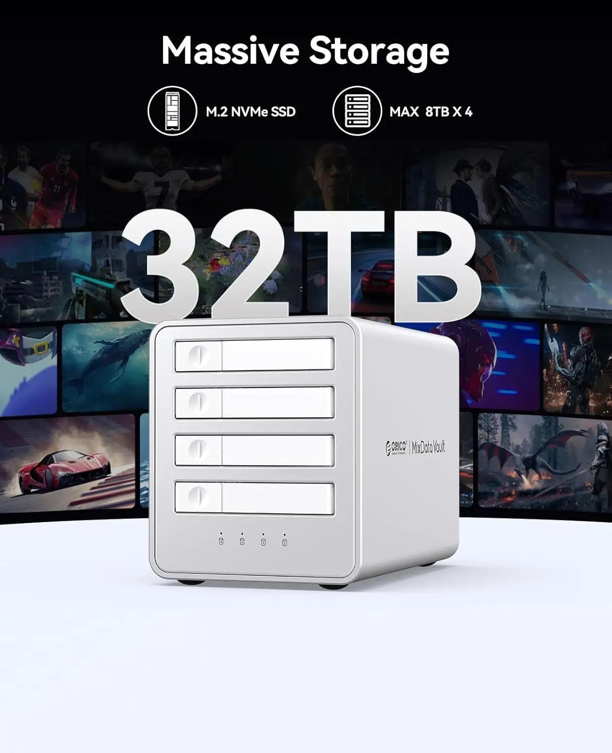 ORICO 40Gbps SSD 외장형 하드 드라이브 인클로저 NVME M.2 올플래시 도킹 스테이션 4K/8K 비디오 편집/데이터 전송을 위한 최대 32TB 지원