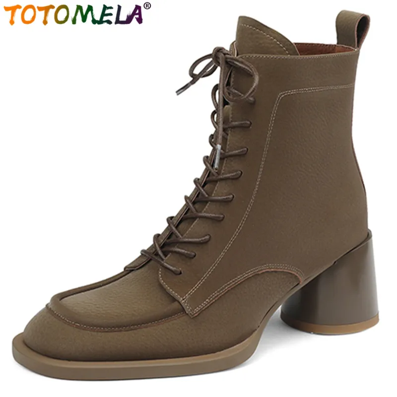 

TOTOMELA 2023 New Round High Heels Dress Shoes Genuine Leather Women Boots Retro Narrow Band Winter Ankle Boots