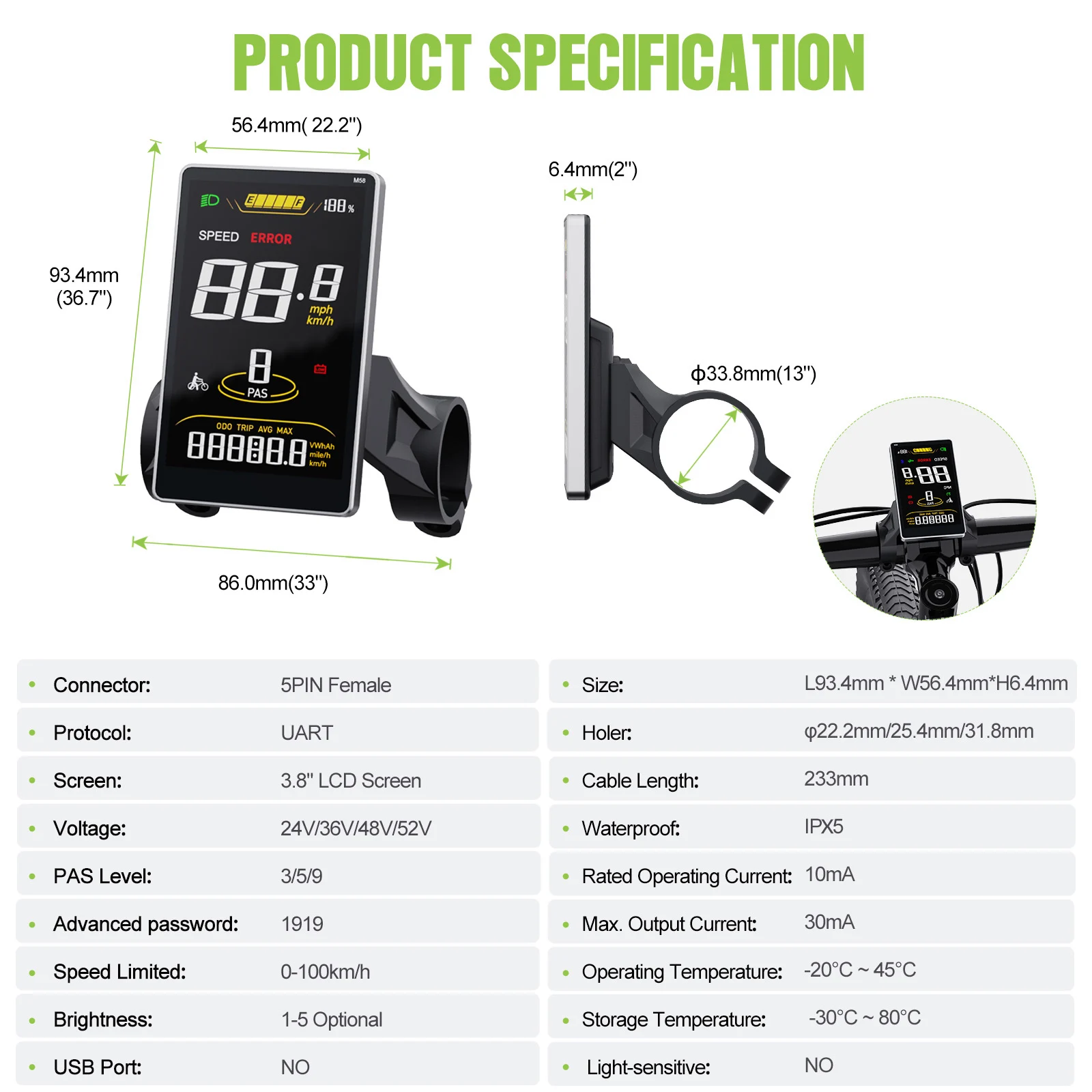 SW2M58 E-Bike Display: 3,8-Zoll-Bildschirm für BAFANG BBS01B/02B HD Mittelmotor mit 0-9 PAS-Stufen, UART-Protokoll E-Bike Computerpanel – Detail 3