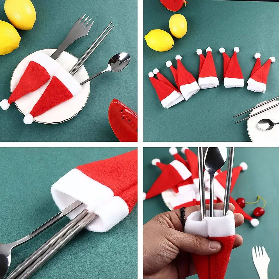 100pc Mini Christmas Hat Tableware Knife Fork Storage Holder Bags Merry Christmas Party Dinner Wine Bottle Xmas Hats Decorations
