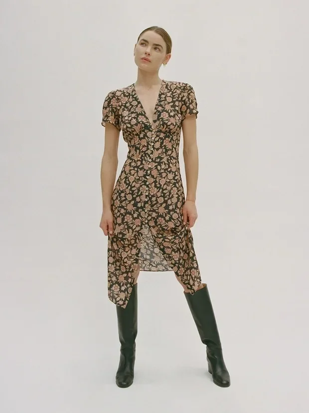 여름에 어울리는 중국 민속 스타일 치파오 드레스, 빈티지 캐주얼 패션 9 여성용 미니 레트로 프렌치 꽃 조각, 버튼 디자인, 깊은 V넥, 샌드워싱 실크 랩 원피스, 티 브레이크 원피스