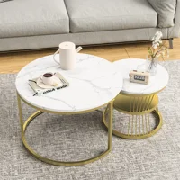 Tables basses Anajqaqia, ensemble de tables d'appoint, table de canapé avec pieds en métal, aspect marbre, pour salon, chambre à coucher, rondes, dorées 2