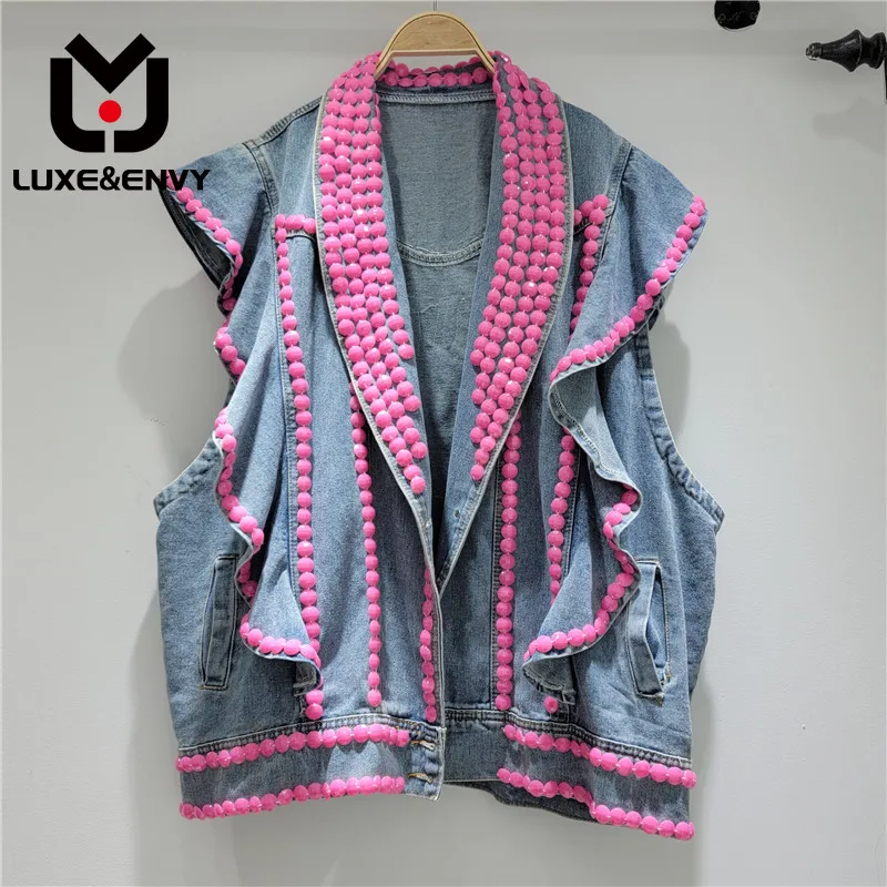 

LUXE&ENVY European Style Design Sense 2023 New Nail Bead Heavy Industry Back Letter Loose Denim Vest Women's Trend