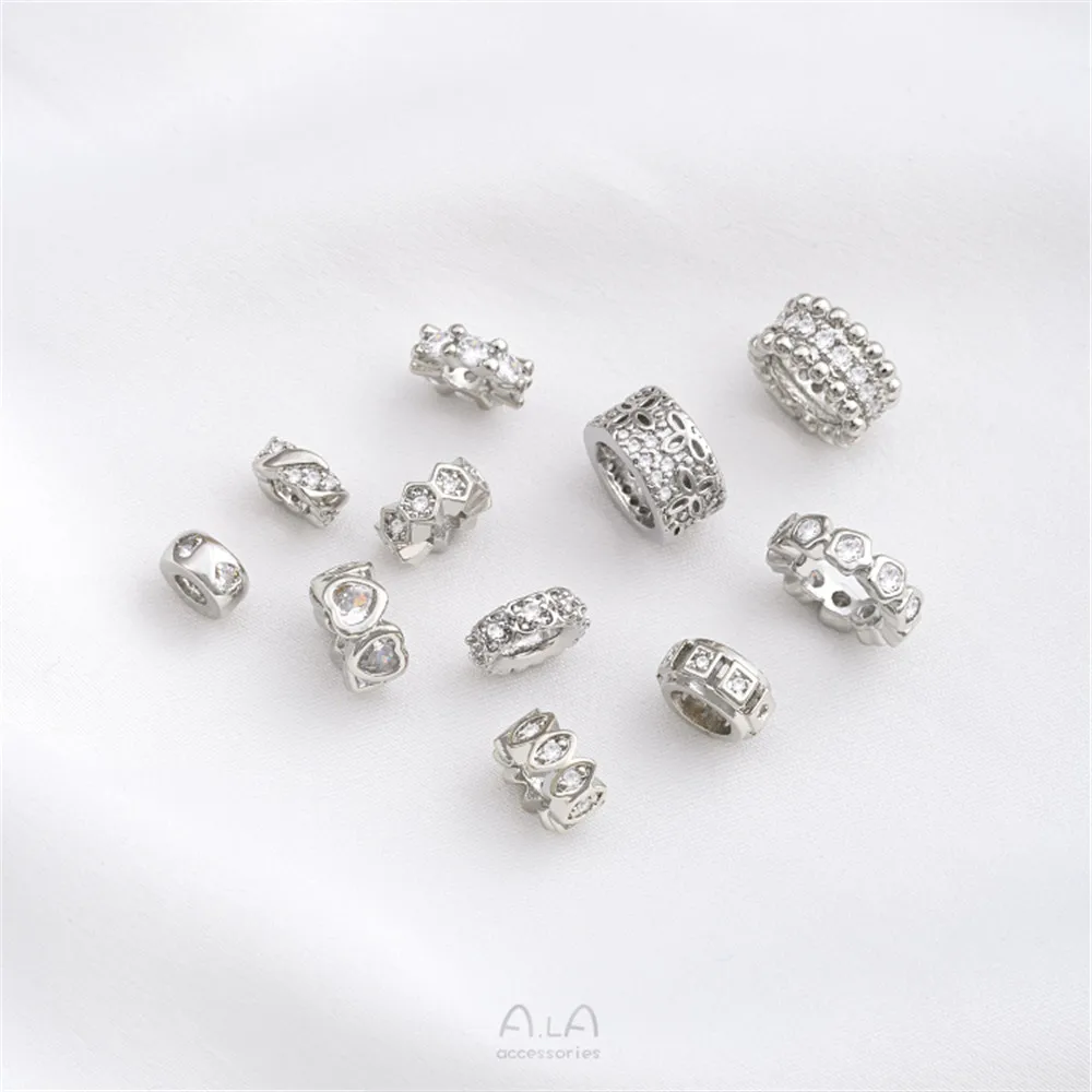 

White Gold Inlaid Zircon Heart-shaped Partition with Large Holes, Separated By Beads, and Handmade String Jewelry Accessories
