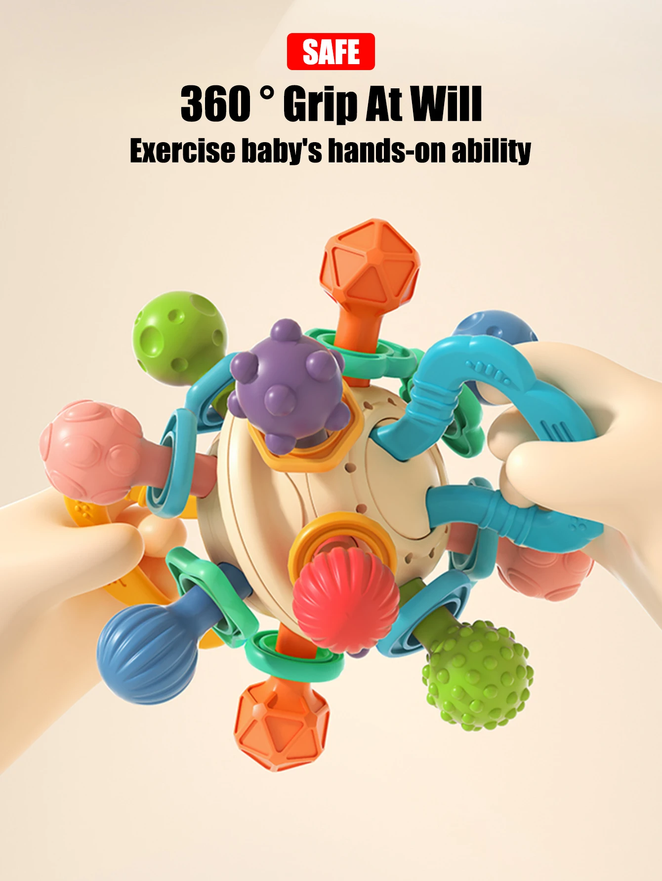 1 piece of early sensory training ball for infants aged 0-1 years old. A soft rubber grip ball that makes a sound when shaken 3