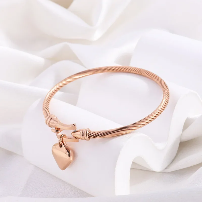 18k Gold Color Stainless Steel Heart Pendant Charm Bangle Bracelets For Men Women