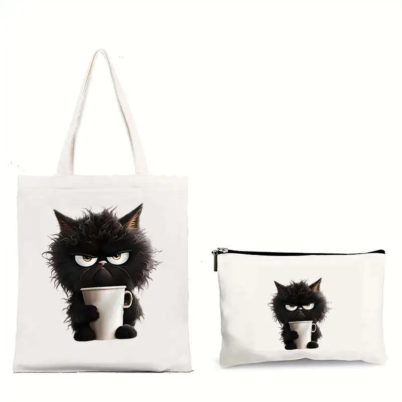 2PC Cute Kitten Cat Pattern Printed Women Shoulder Bag Kawaii Shopper Shopping Canvas Bag Shoulder Bag Fashion Girl Handbags 2