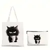 2PC Cute Kitten Cat Pattern Printed Women Shoulder Bag Kawaii Shopper Shopping Canvas Bag Shoulder Bag Fashion Girl Handbags 2
