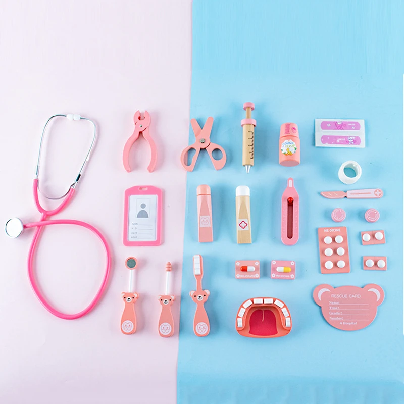 Wooden Pretend Play Doctor Toys Kids Role-playing Games Simulation Dentist Bag Set Stethoscope Teeth Model Educational Toy Gifts 4