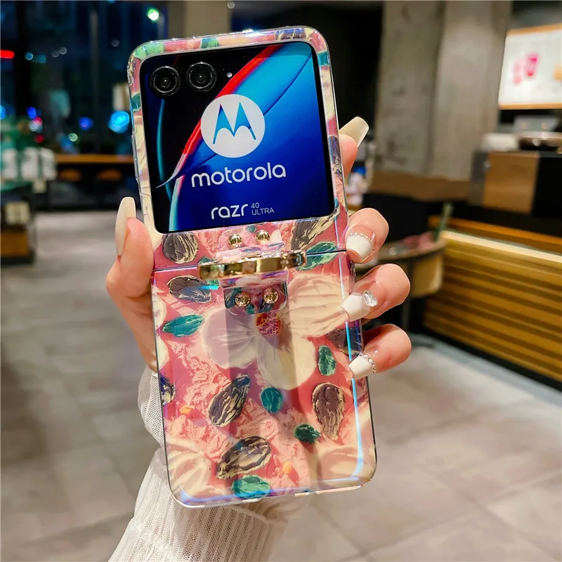 Ring Blu-ray Flower Phone Case For Motorola MOTO Razr 40 Ultra PC Protective Cover