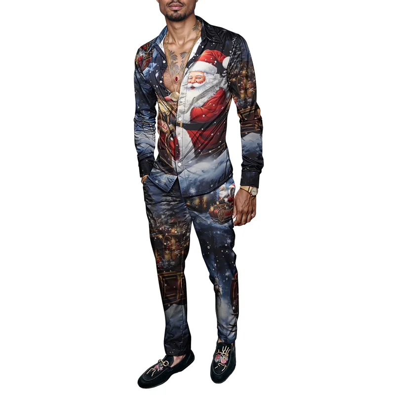2025 Fashionable Spring Summer Men Shirt Set Christmas Print Fashion Gingerbread Man Two Piece Set Mens Snowman Lightweight_voghion.com