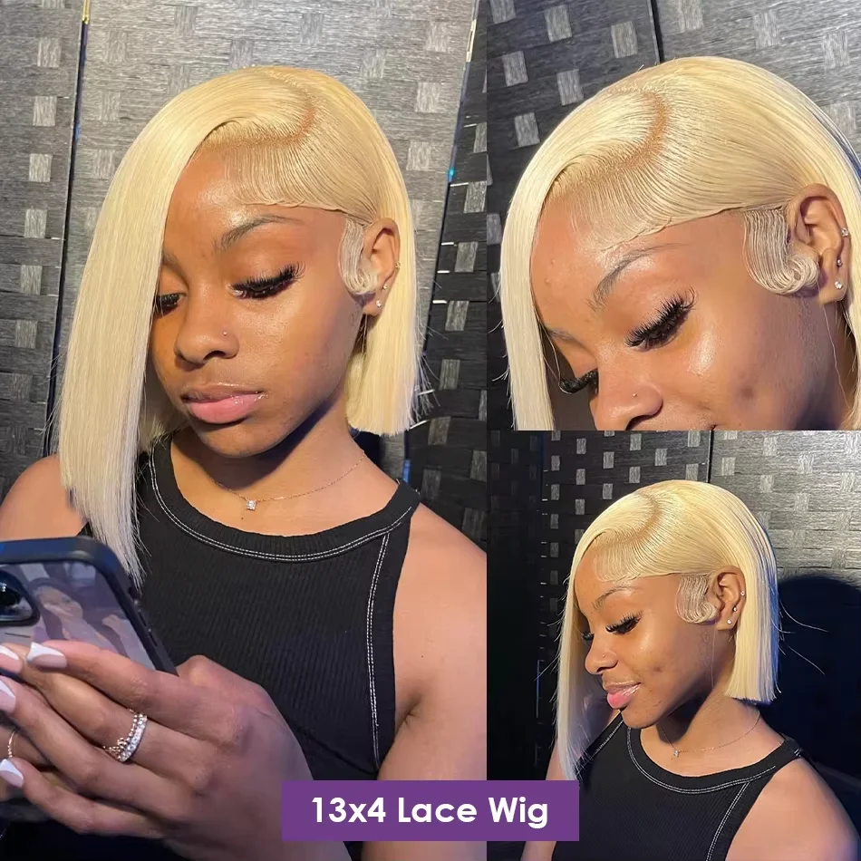 200% #613 Bob Honey Blonde Straight Blonde 13x4 Lace Frontal Wigs HD Transparent Brazilian Pre Plucked Lace Front Human Hair Wig