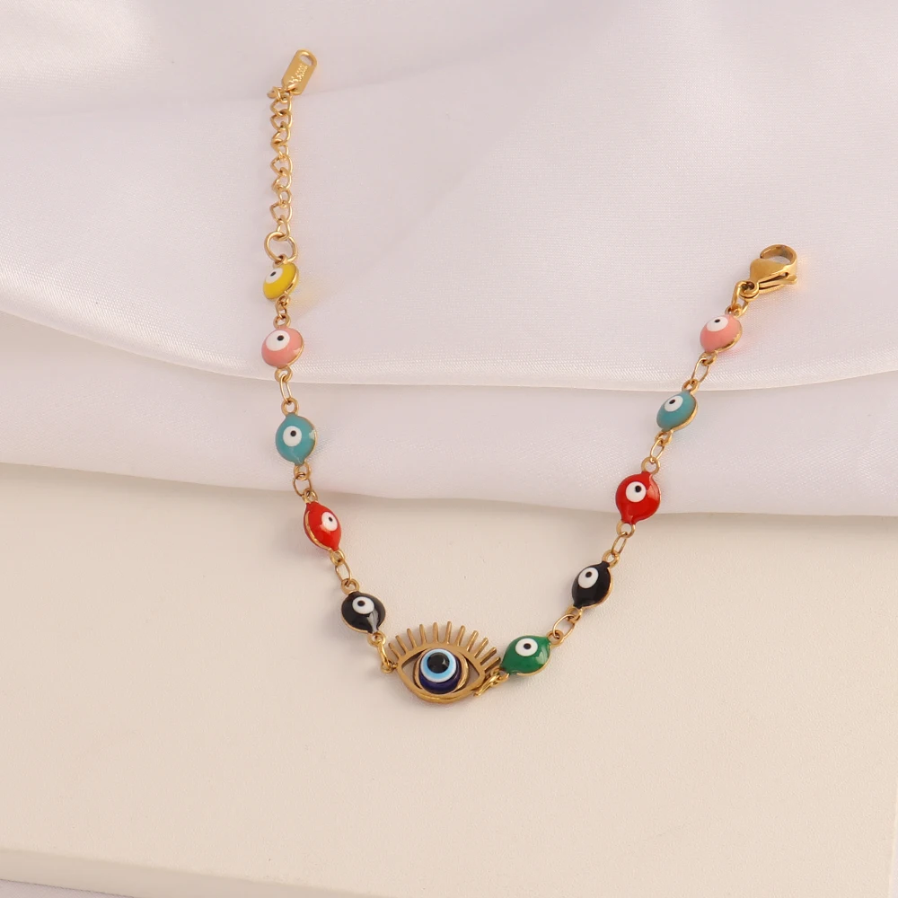 Stainless Steel Bracelet Women Enamel Turkish Evil Eye Charm 14K Gold Plated Anklet Chain Jewelry Gifts