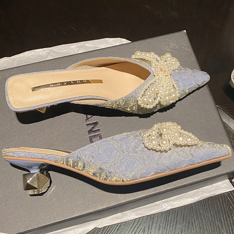 

Women Pumps Shoes Pointed Toe Female Casual Outdoor Sandals String Bead Butterfly-knot Ladies Med Heels Slippers Slides Mules