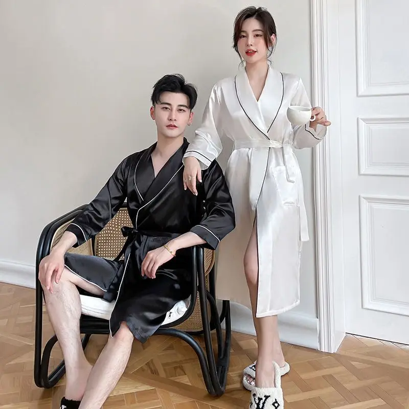 

Couples Nightgown Women Spring Winter Ice Silk Sexy Bathrobe Long Robe Mr Hotel Style Large Size Loose Home Wear sexy sleepwear