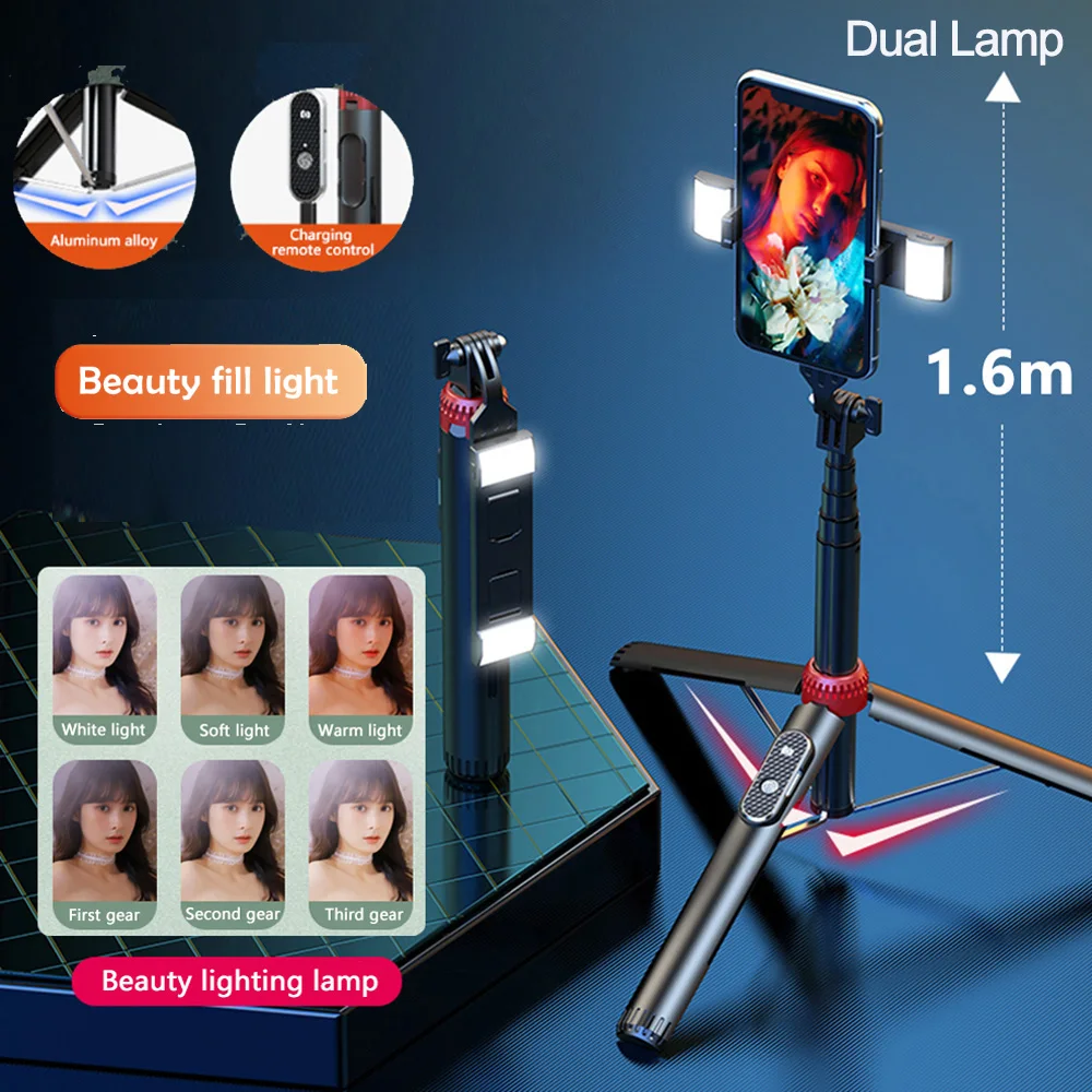 Long Extended Wireless Bluetooth Selfie Stick Tripod Wireless Selfi Stick Phone Holder Stand with Beauty Fill Light for Phone