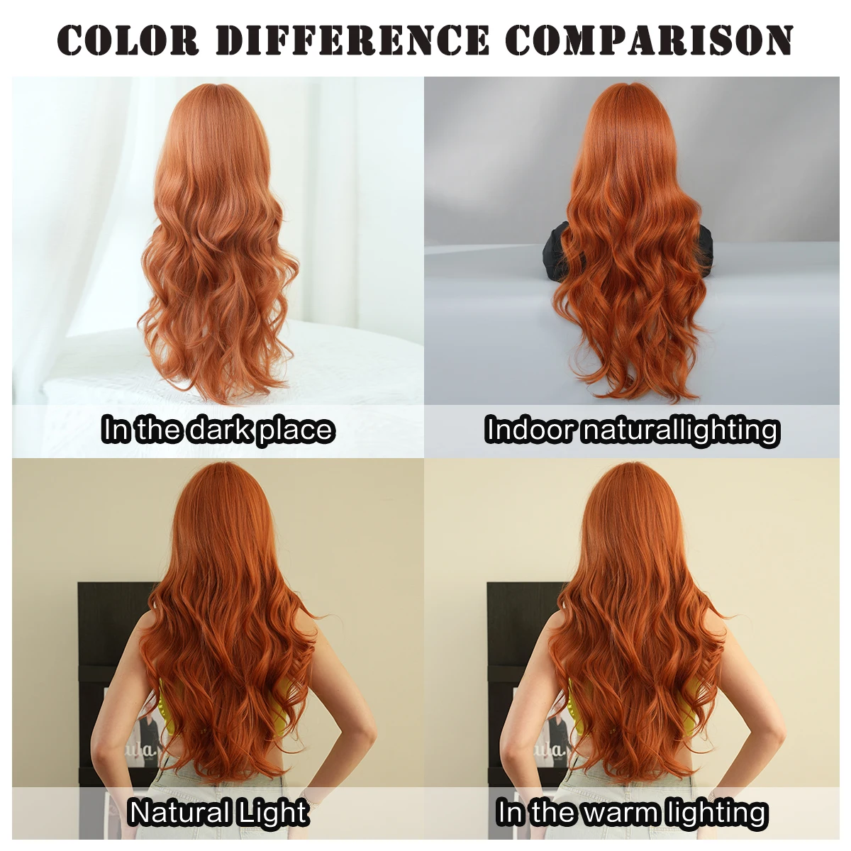 7JHH WIGS Costume Wigs Long Body Curly Orange Wigs with Neat Bangs High Density Heat Resistant Synthetic Hair Wig for Women