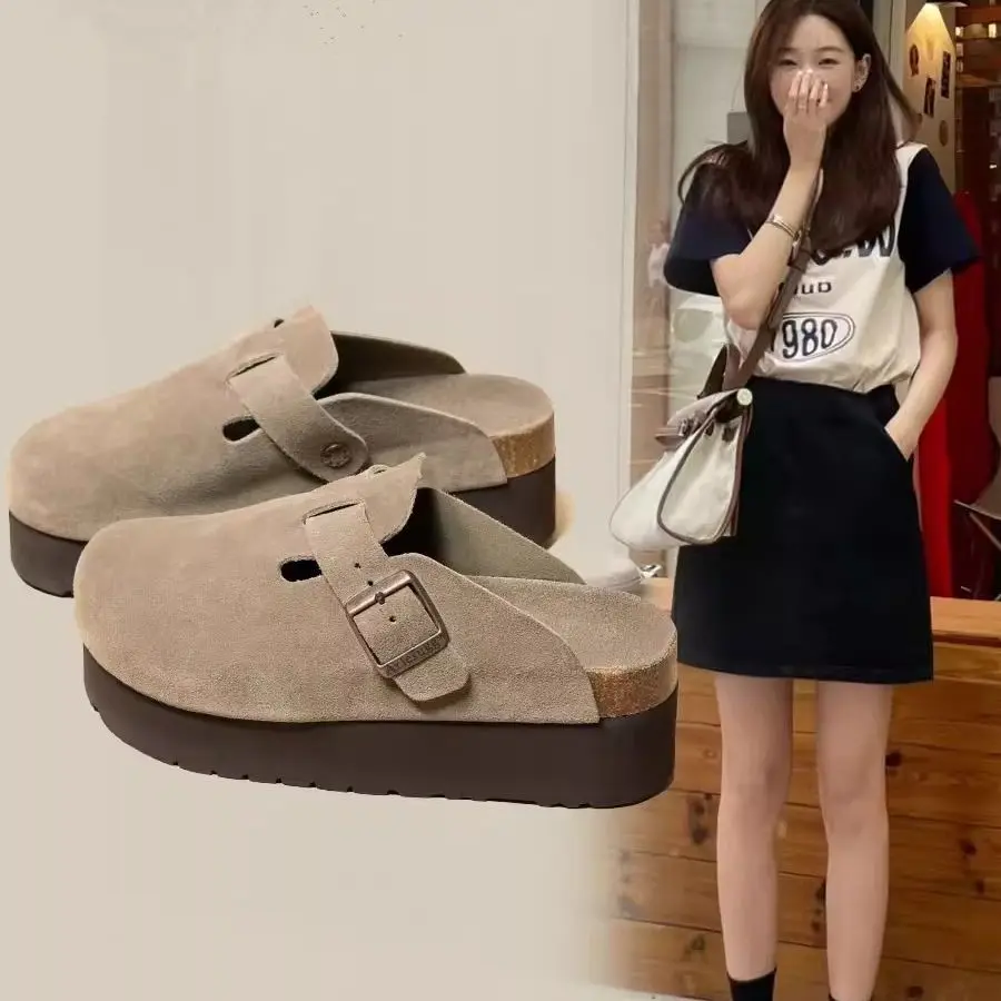 Loafers House Slippers Platform Female Shoes Slides Med Cover Toe Flock Increased Internal 2024 Flat Rubber  Bonded Leather PU