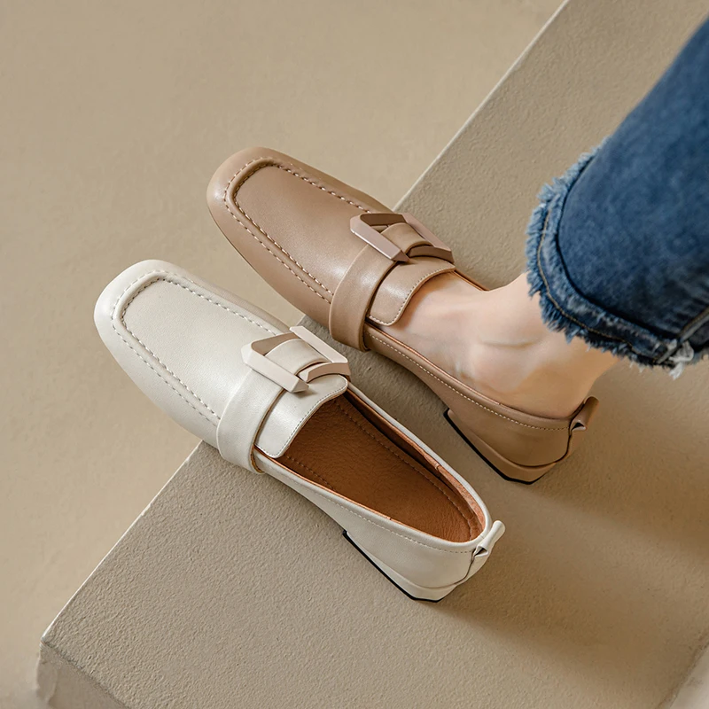 

2023 autumn women pumps natural leather 22-25cm cowhide+pigskin+sheepskin full leather loafers square toe buckle women shoes