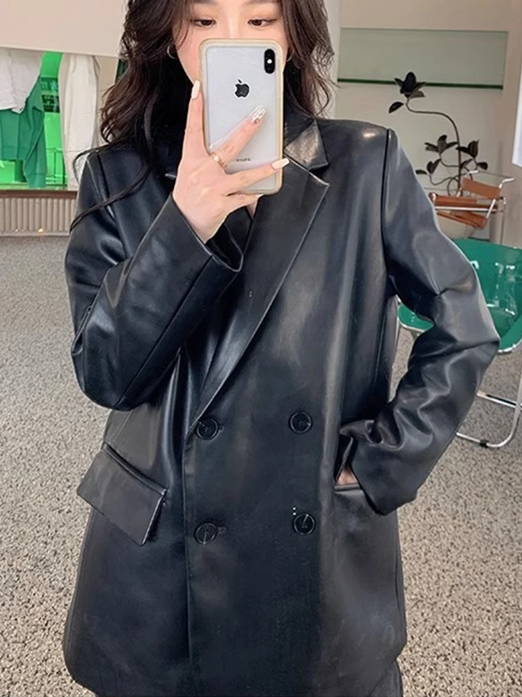 

LY VAREY LIN New Spring Autumn Women Vintage Black Pu Blazers Coat Office Lady Fashion Double Breasted Faux Leather Jackets