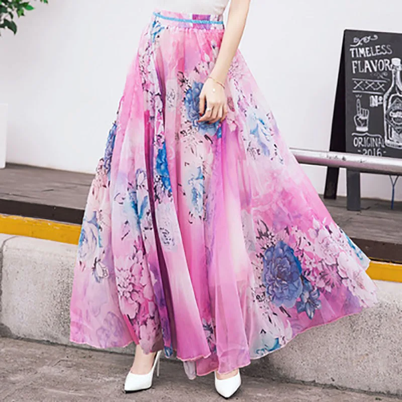 

Anbenser Flowers Printed Long Beach Skirt Summer Elegant Chiffon Maxi Skirt Boho Skirts Womens Ladies Falda Ankle-Length Skirt