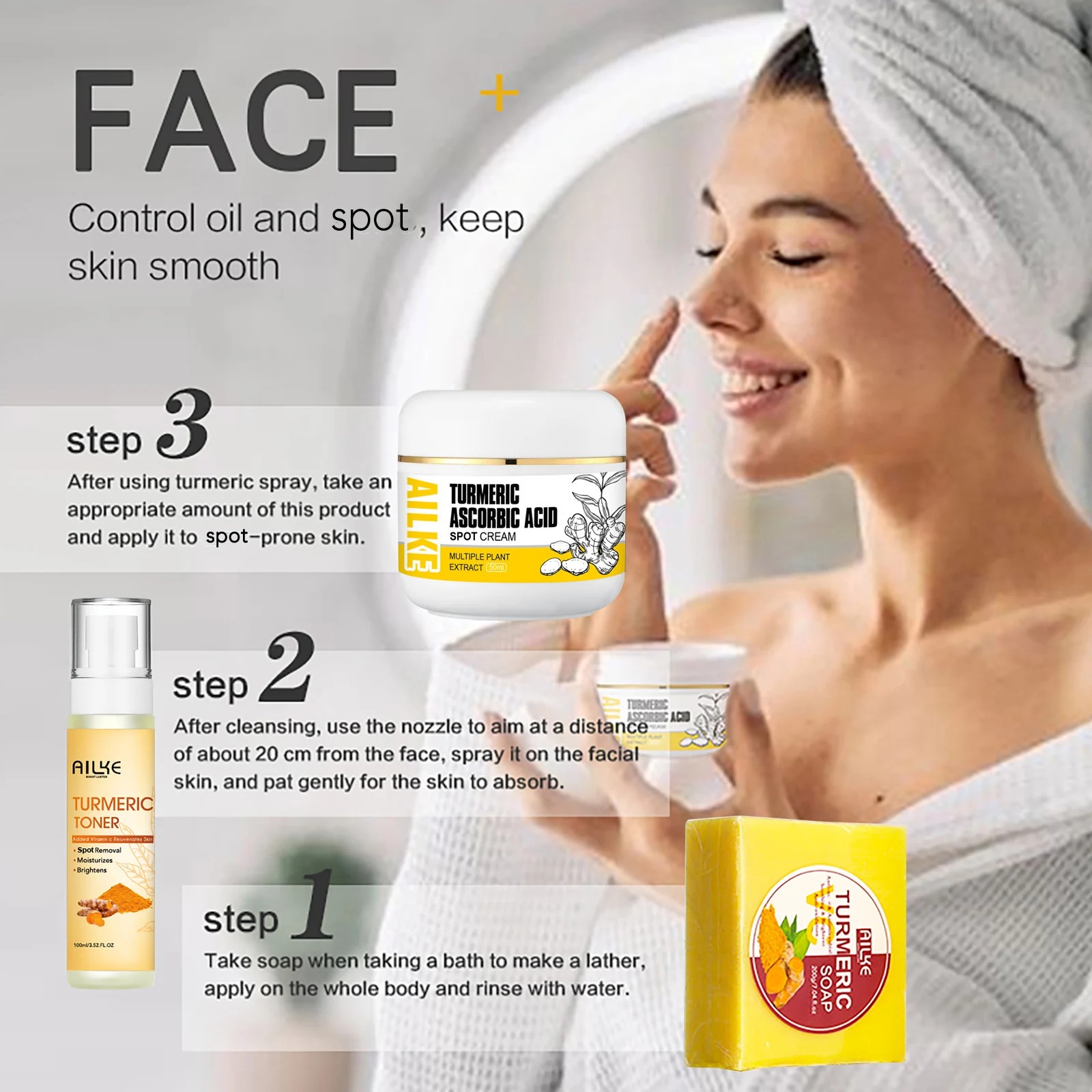 AILKE Organic Turmeric Skin Care Set, Reduce Acne, Cleaning Skin, Exfoliation, Whiten Skin, Even Skin Tone, Improve Dry Skin 6