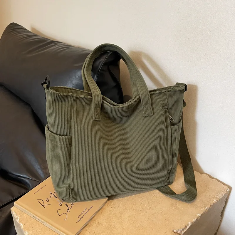 Borsa a tracolla casual con cerniera in velluto a coste da