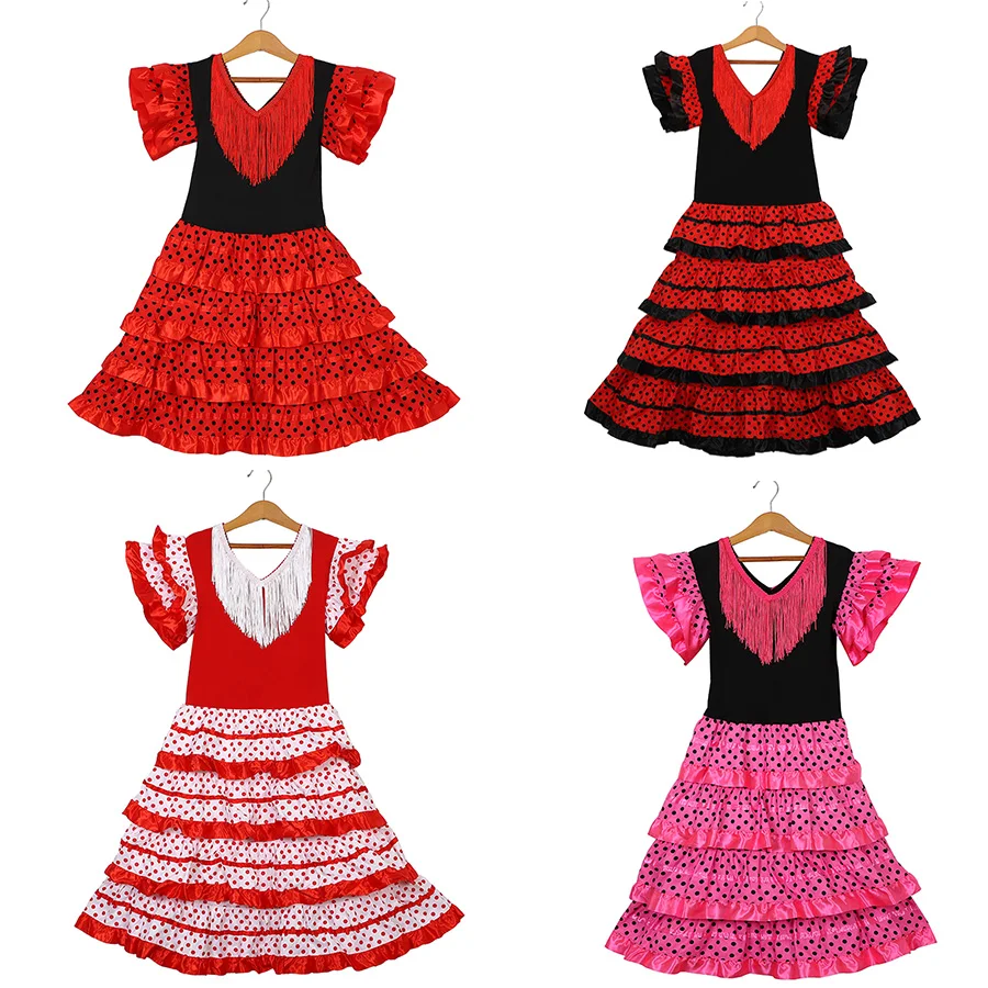 Traditional Spanish Dance Dress For Girls Festival Tassel Dot Dress Four  Color Classic Flamengo Gypsy Style Children Skirt - AliExpress 200000532