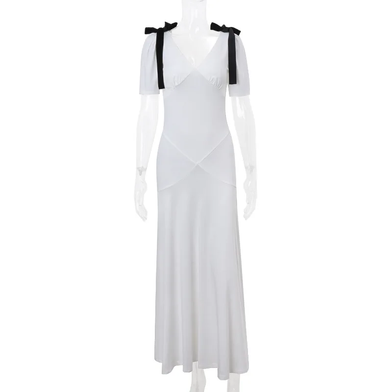 TRAUXY Elegante Vestido Largo con Lazo y Cordones para Mujer, Sin Mangas, Abullonado, Escote en V, Vestido de Playa de Moda para Vacaciones, Conjuntos de Verano