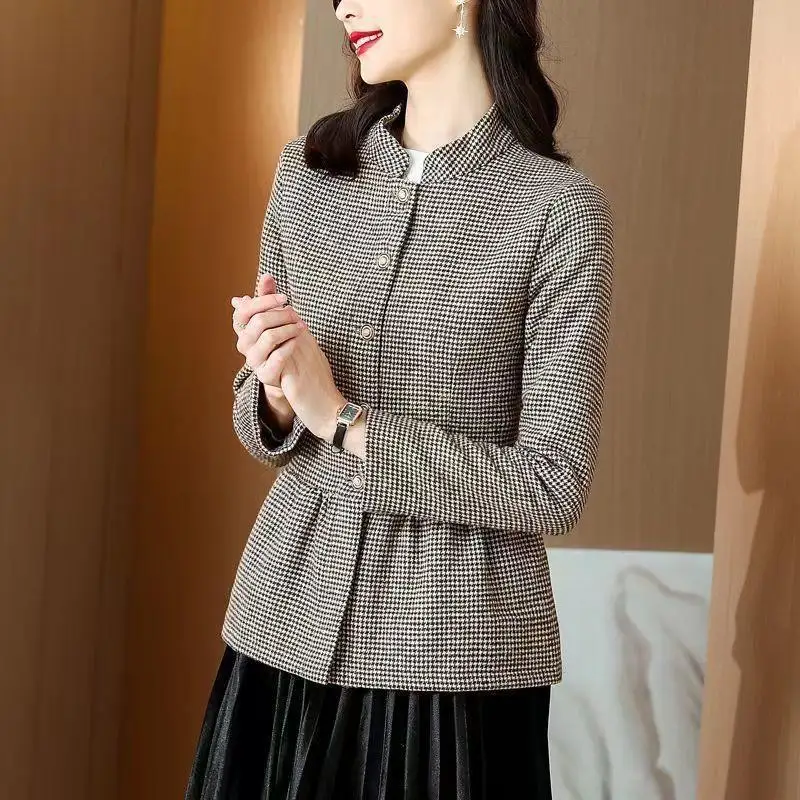 Spring and Autumn Women's Thousand-Bird Plaid Coat Casual Versatile Slim Woolen Top