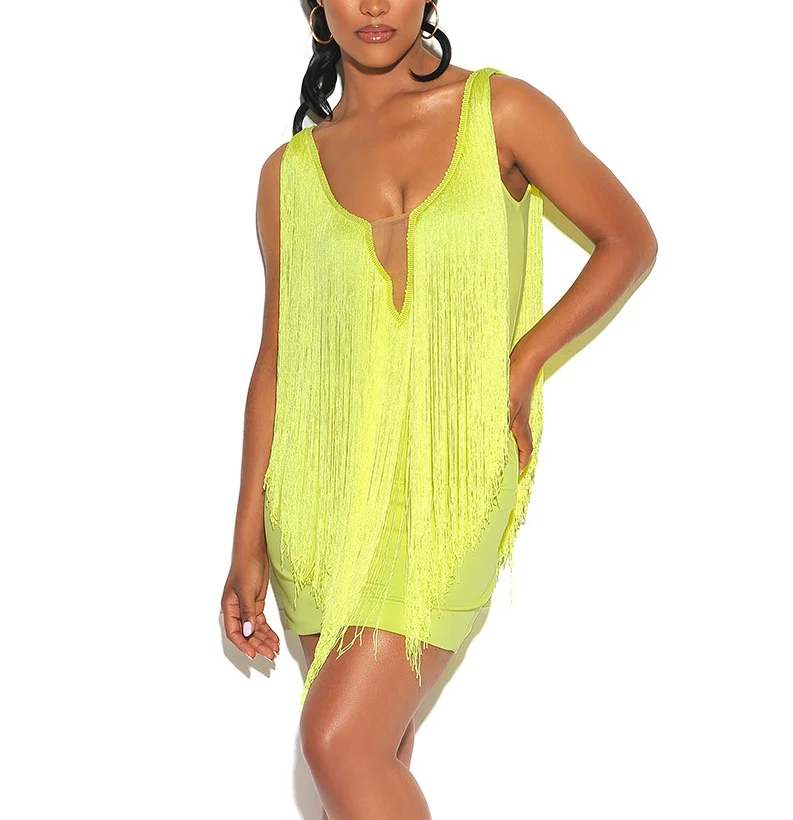 

KOYOUN Fluorescent Green Sexy V Neck Sleeveless Bright Stretch Slim Fit Party Nightclub hip-hugging Mini Mermaid Evening Dress