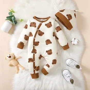 2PCS Autumn Bodysuit Newborn Baby Boy Long Sleeved Bear Print Romper+Hat Cute Infant Boy Daily Wear for Toddlers 1-18 Months 1