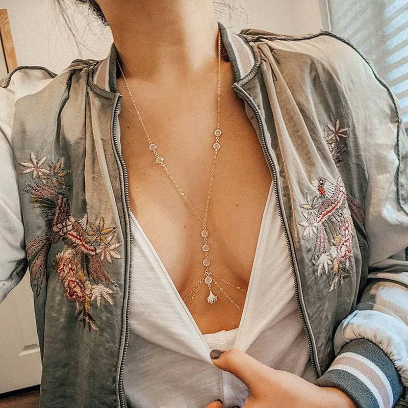 Sexy Metal Zircon Chest Chain Simple Gold Color Double