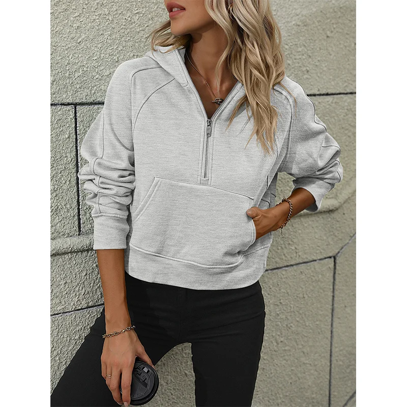 Autumn Winter Solid Color Loose Casual Hoodies Lady Zipper Pocket Pullover Top Women Fashion All-match Hooded Sweatshirt Outwear