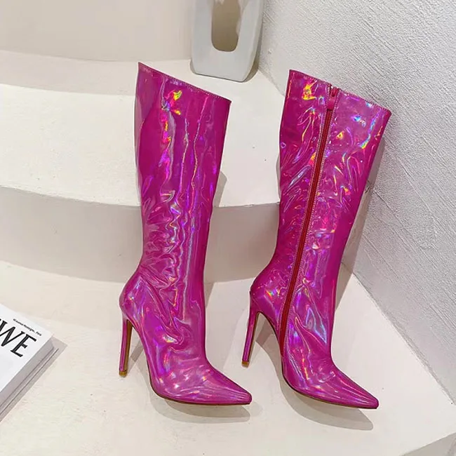 Ins Hot Sale Shiny PU Mature sexy women high heel boots long boots for ladies pointed thigh high boots