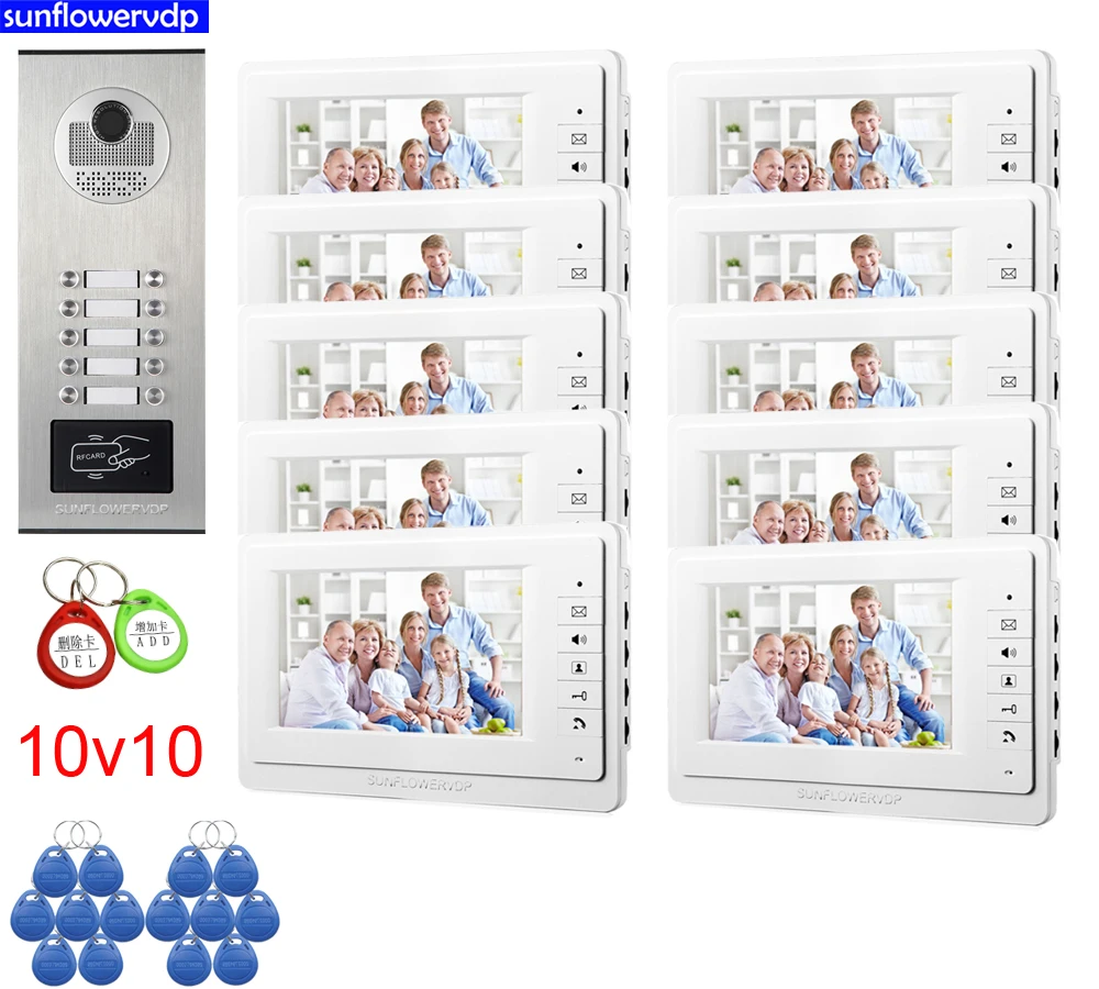 

Rfid 10 Lines Home Video Door Phone Security Call 10 Buttons Door Intercoms System Color 7” Monitors Doorbell Doorman Full Kit