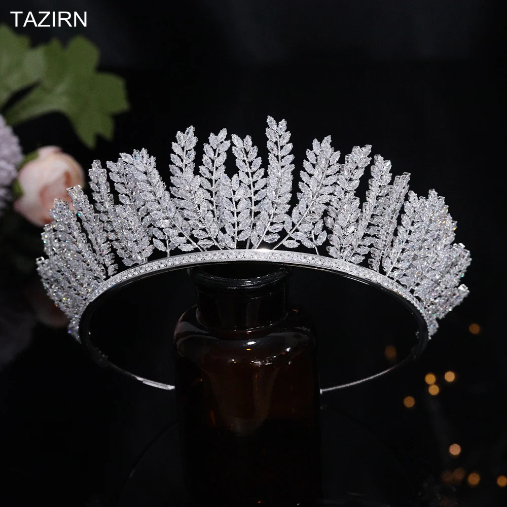 TAZIRNArabicDubaiLuxury5ACubicZirconiaTiarasforBrideWeddingMultipleLayersLeavesCZ