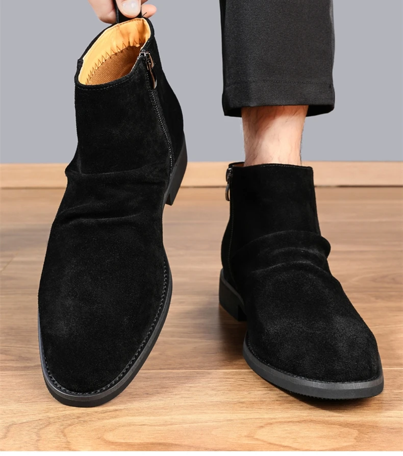 Chelsea-Stiefel aus echtem Leder für Herren, Business, formelle Stiefeletten mit spitzer Zehenpartie und seitlichem Reißverschluss, klassisches minimalistisches Design, rutschfest – Detail 3
