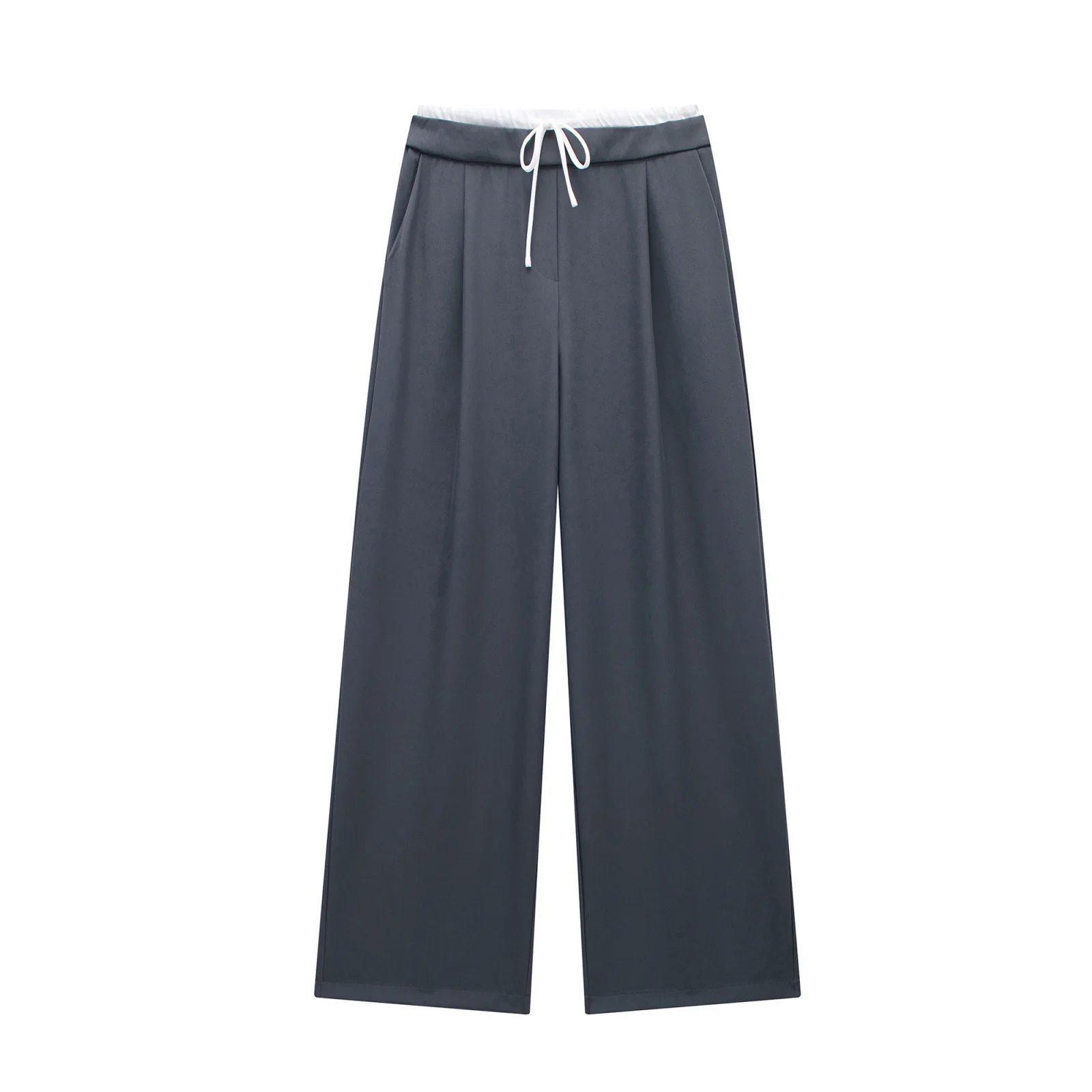 Splicing Design Solid Color Pants Women Fashion Simple Elastic Waist Lace Up Trousers Lady All-match Commuting Straight Pant New 4