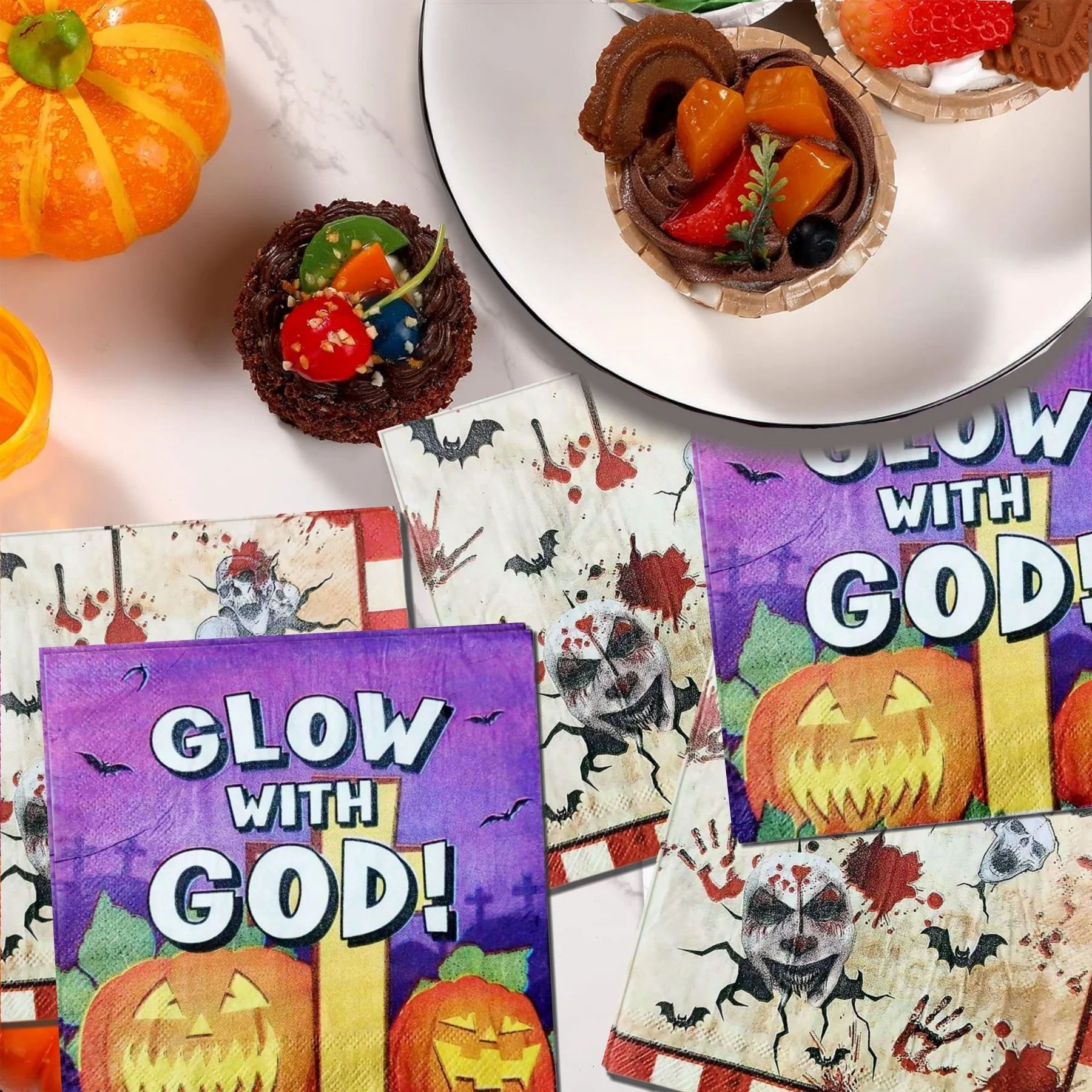24pcs Halloween Theme Napkins Devil Pumpkin Skull Blood Handprint Paper Soft Tableware Tissue Party Theme Party Table Decoration Supplies