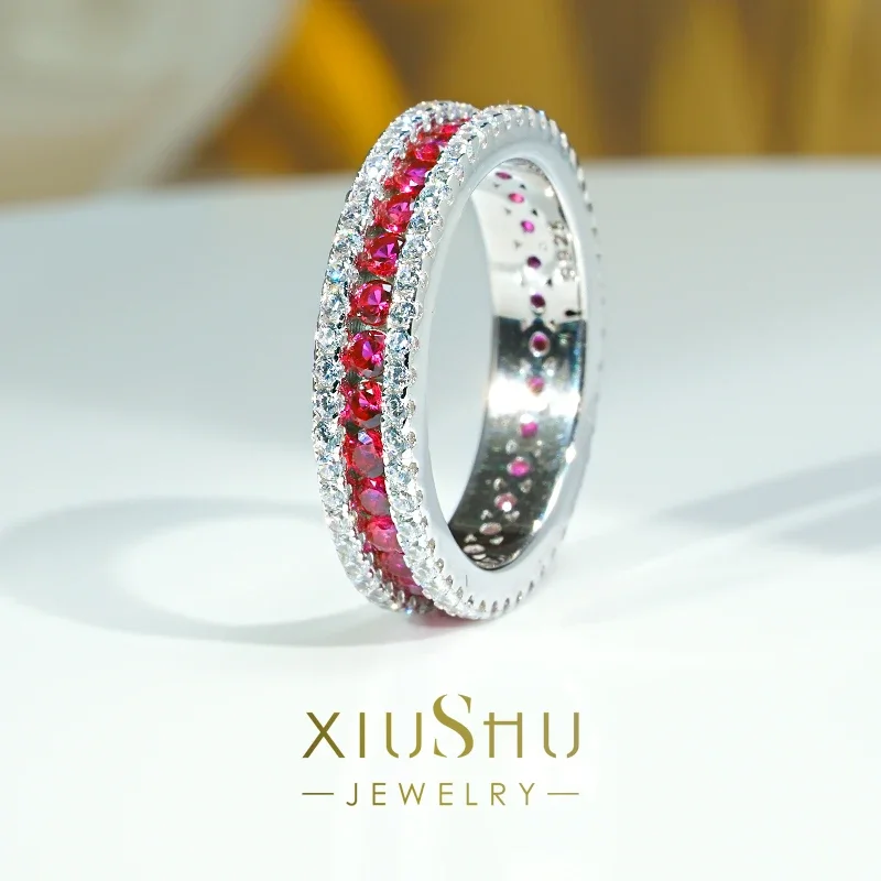 

Desire Fashionable Red Treasure 925 Silver Ring with Arranged Diamond Inlaid High Carbon Index Finger