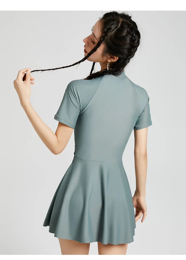 Lady Short Sleeve Athletic WaterProof Spandex Swim Skirts For Female One Piece Quick-Drying Nylon Beach Surfing Bathing Skirts