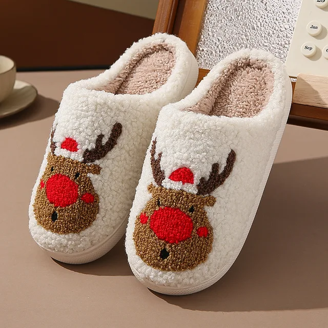 Christmas Elk Warm Cotton Slippers Women Winter Comfortable Home Slides Cute Furry Reindeer Warm Plush Sandals for Men Women 1