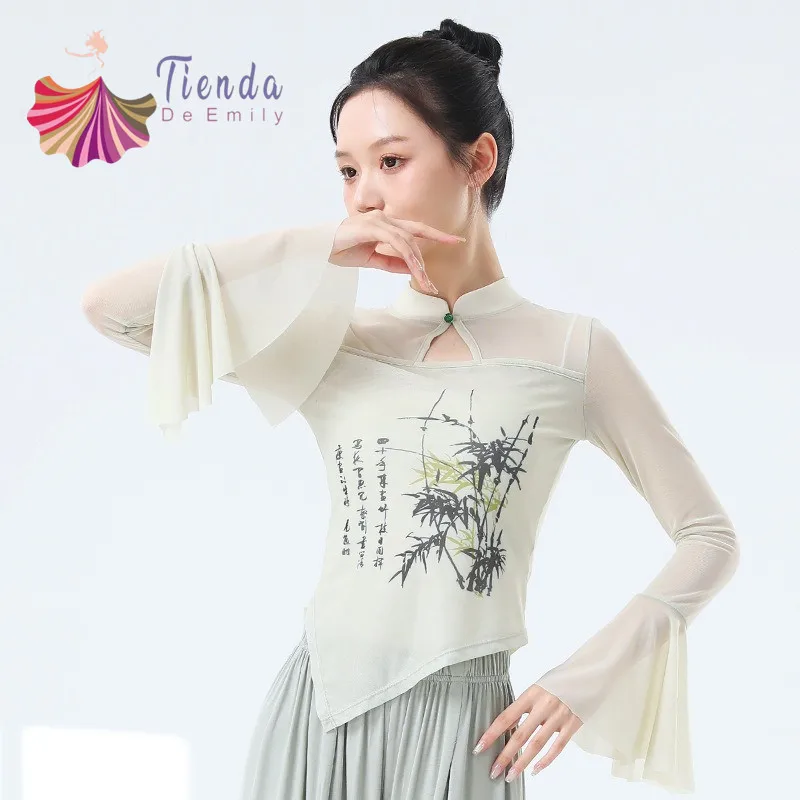 

Modern Dancewear Women New Mesh Practice Clothes Body Rhyme Classical Dance Flared Sleeve Ancient Style Floating Print Cheongsam