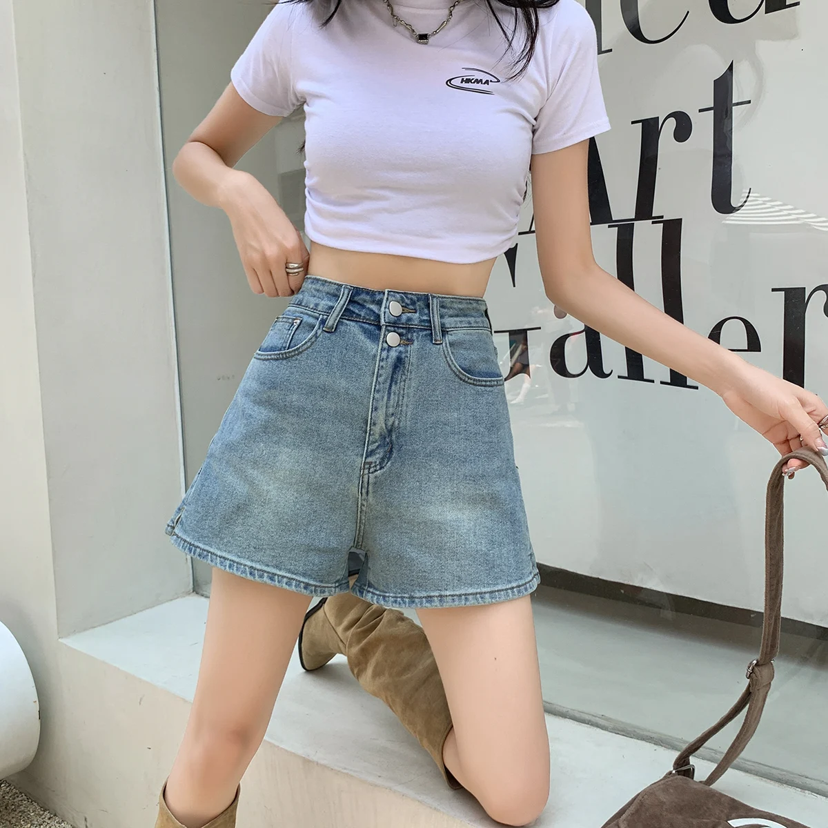 Chic Double Button Summer Women Denim Shorts High Waist Blue Wide Leg Loose Casual Jean Shorts Female Solid Streetwear All-match