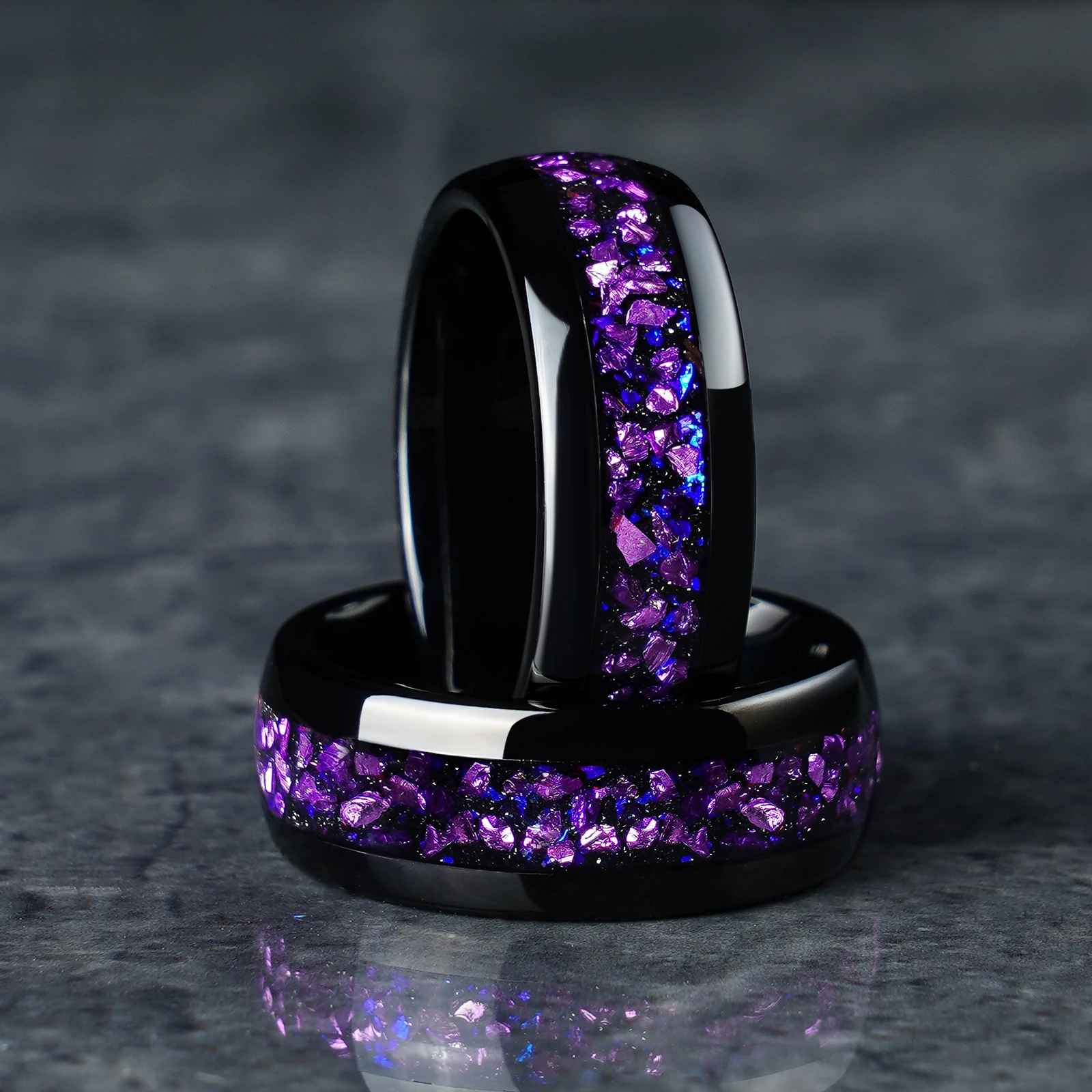 

8mm Nebula Space Amethyst Black Tungsten Carbide Ring, Wedding Engagement Band Birthday Anniversary Gift For Him And Her